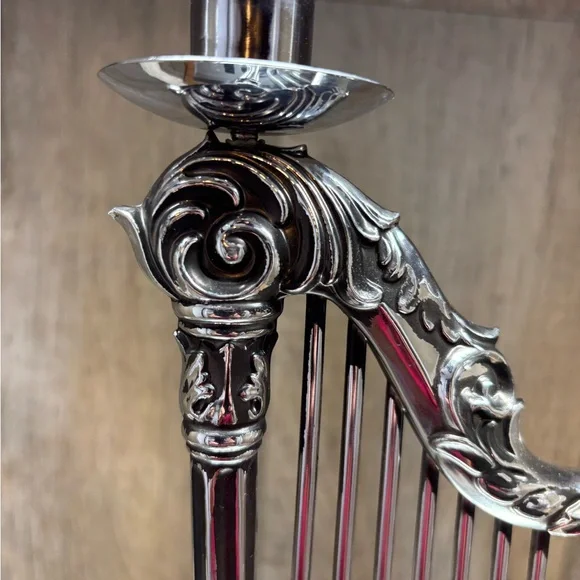 Vintage Beautiful Gothic Harp Candle Holder Silver Plate 11.5” - Picture 4 of 16